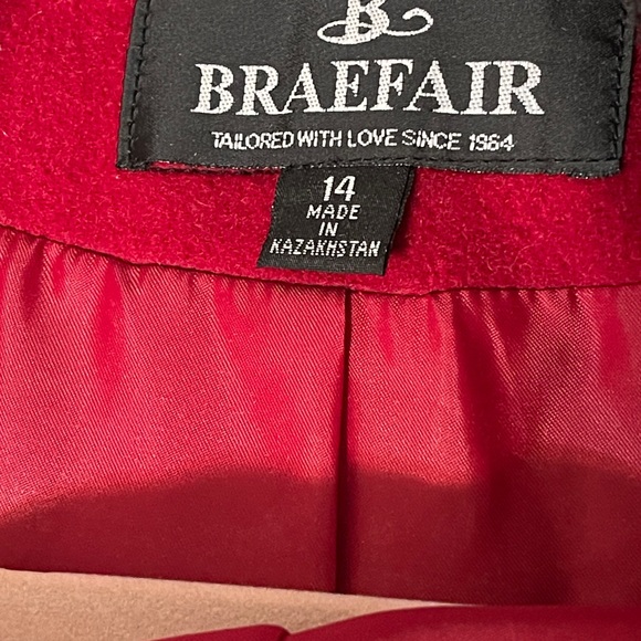 Vintage Braefair Red Wool Coat Black Faux Fur Collar Old Money Retro Size 14 - Picture 9 of 11